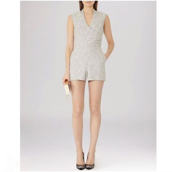 Reiss Jeanette Jacquard Jumpsuit Romper Women’s Small 4 Sleeveless Grey Black - Picture 1 of 16